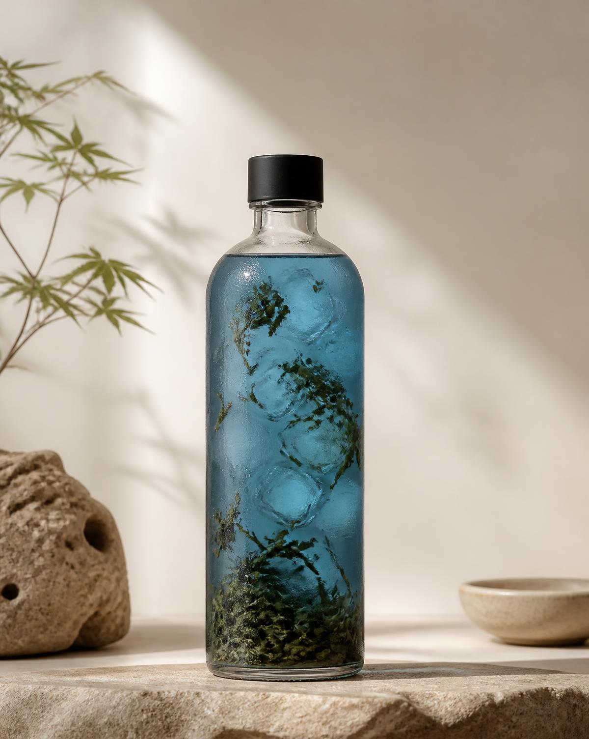Clean Energy Tea in an unlabeled glass bottle