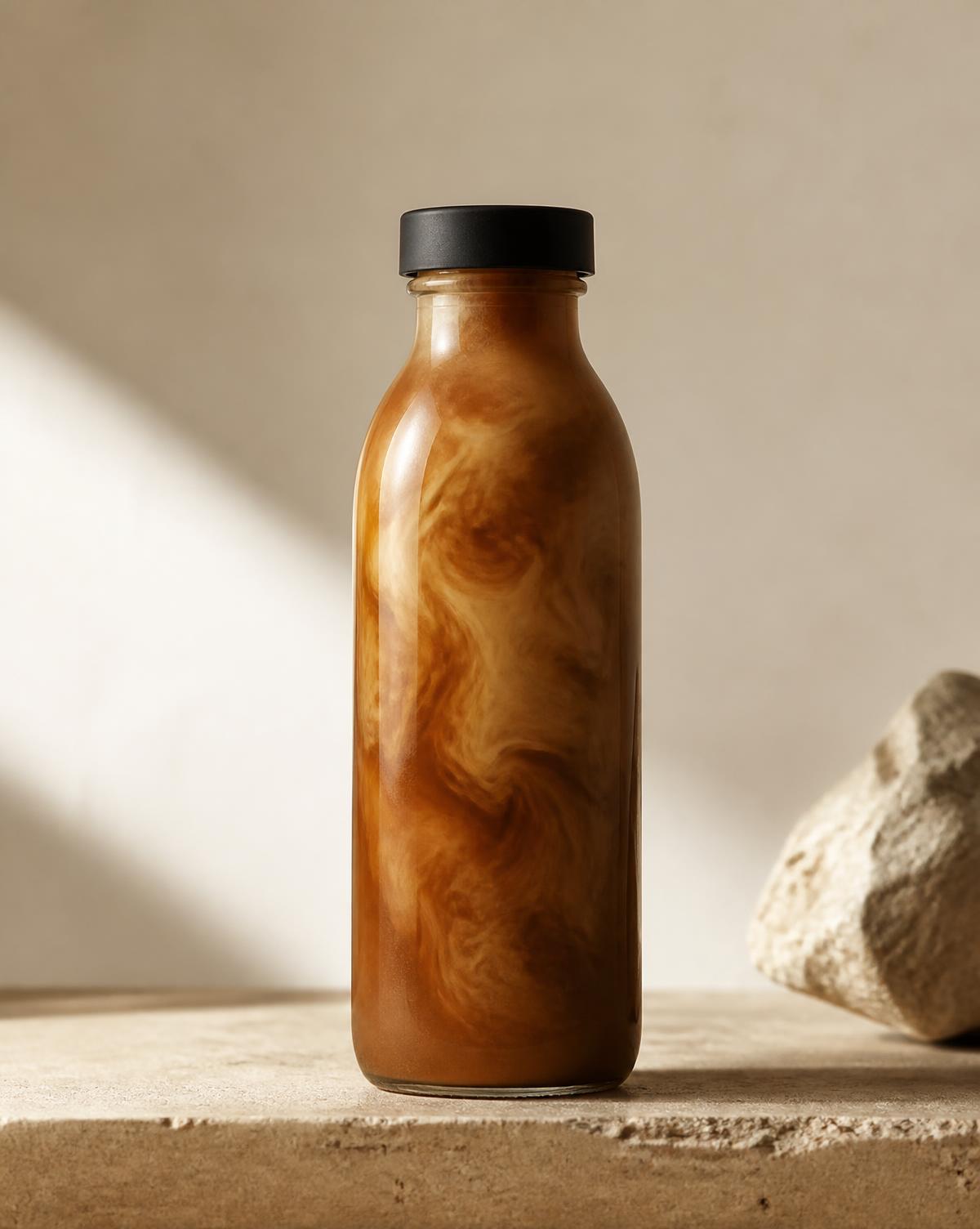 Performance Brew in an unlabeled glass bottle