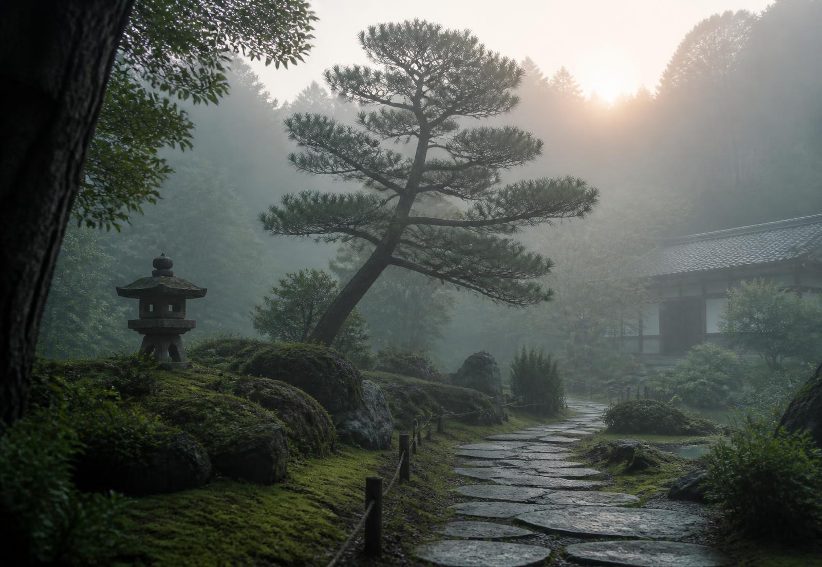 Moss, stone and pine in morning fog